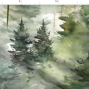 May include: A watercolor painting of a misty forest scene with tall, green trees and a soft, light background.