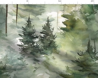 Watercolor Pine Tree Fabric - Watercolor Evergreen  by kim_marshall_studio - Forest Woodland Tranquil Fabric by the Yard by Spoonflower