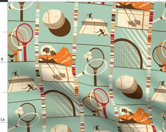 Retro Sporty Fabric - Retro Tennis by carolineharberd - Tennis Court Modern Stripe Racket Athletic Blue Fabric by the Yard by Spoonflower