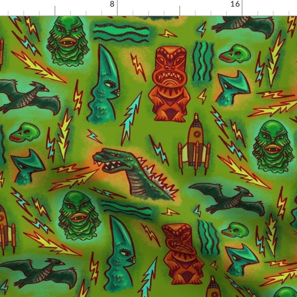 Tiki Movie Monster Fabric - Kaiju Cloth By Woodyworld - Retro Vintage Movie Mid Century Tiki Cotton Fabric By The Yard With Spoonflower