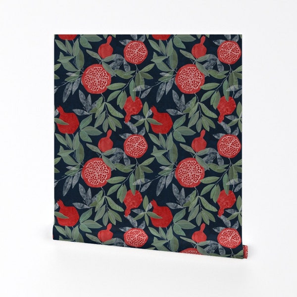 Pomegranate Wallpaper - Pomegranates On Navy by lavish_season - Summer Botanical Removable Peel and Stick Wallpaper by Spoonflower