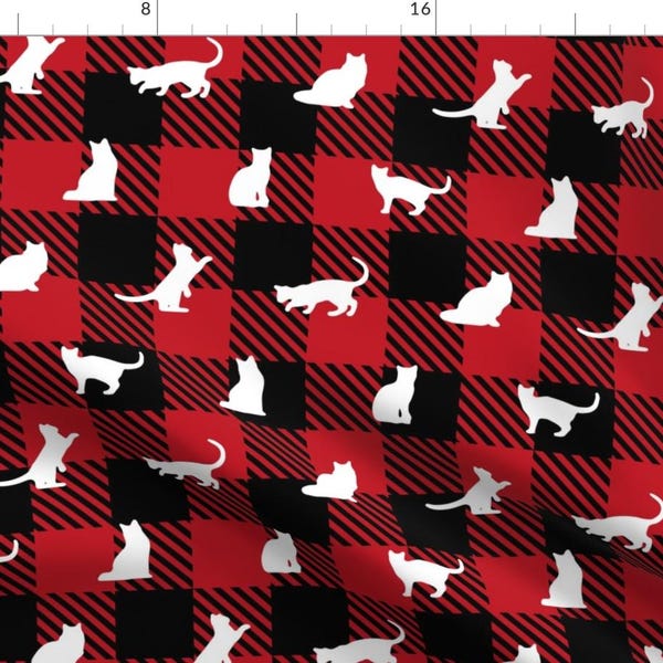 Cat Fabric Fabric - Cozy Cats! By Mariafaithgarcia - Buffalo Plaid Red Black White Fabric Cotton Fabric By The Yard With Spoonflower