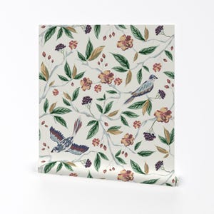 Hand Painted Birds Removable Peel and Stick Wallpaper - Vintage 1920s 40s - Wall Art Wall Decor - Birds And Vines by leslie_robinson_designs