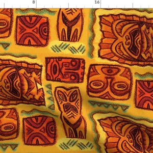 Vintage Hawaiian Tapa Fabric - Tiki Family Tree By Woodyworld - Retro Mid Century Tiki Orange Cotton Fabric By The Yard With Spoonflower