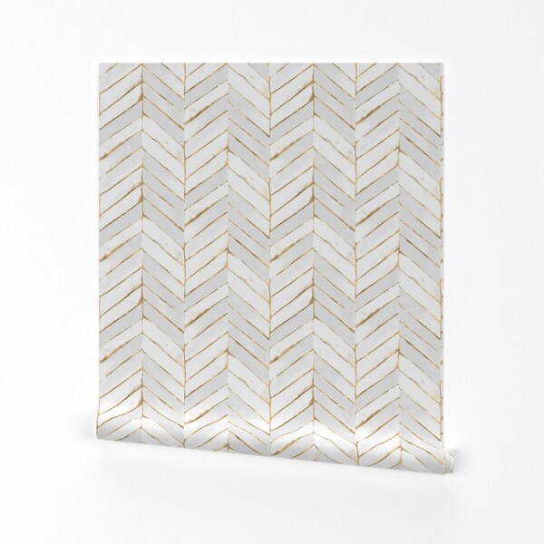 Chevron Wallpaper - Chevron Painted White Gold By Crystal Walen - GoldCustom Printed Removable Self Adhesive Wallpaper Roll by Spoonflower