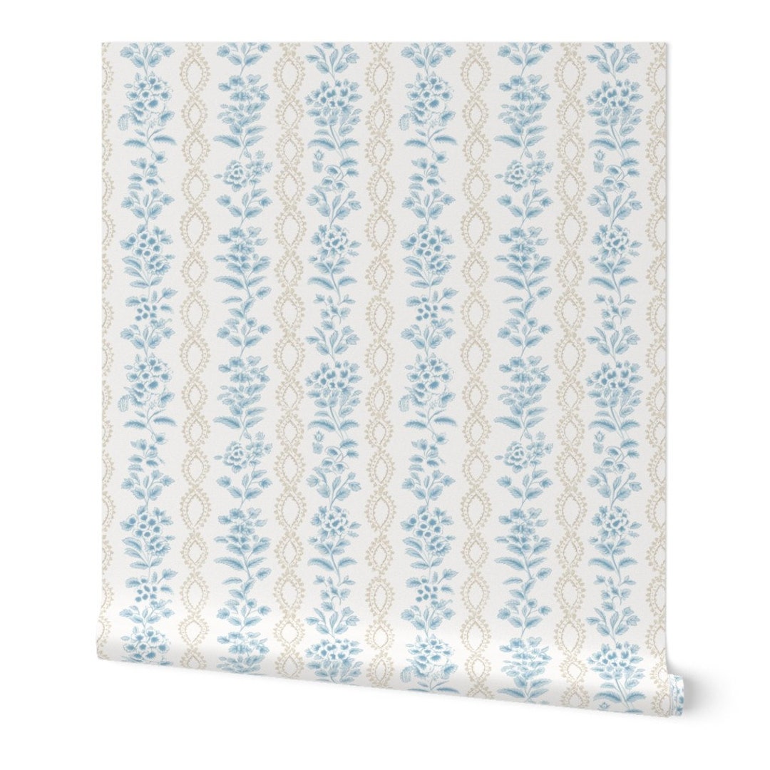 Blue Floral Stripe Wallpaper Wildflower Stripe by Etsy