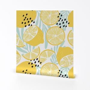 Fruit Wallpaper - Fruit Lemon Pattern 02 By Bluelela - Yellow Mint Summer Citrus Bold Removable Self Adhesive Wallpaper Roll by Spoonflower