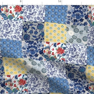 Blue Yellow Floral Cheater Quilt Fabric - Vintage Inspired - Delft Quilt By Ragan - Cheater Cotton Fabric By The Yard With Spoonflower
