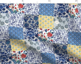 Blue Yellow Floral Cheater Quilt Fabric - Vintage Inspired - Delft Quilt By Ragan - Cheater Cotton Fabric By The Yard With Spoonflower