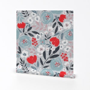 Floral Wallpaper - Abby Floral Blue On Gray By Red Raspberry Design - Floral Custom Printed Self Adhesive Wallpaper Roll by Spoonflower