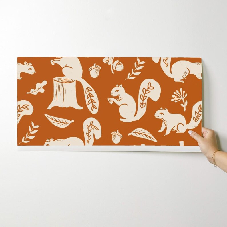 Fall Wallpaper - Squirrels Linocut Fall Autumn By Andrea Lauren - Custom Printed Removable Self Adhesive Wallpaper Roll by Spoonflower image 9