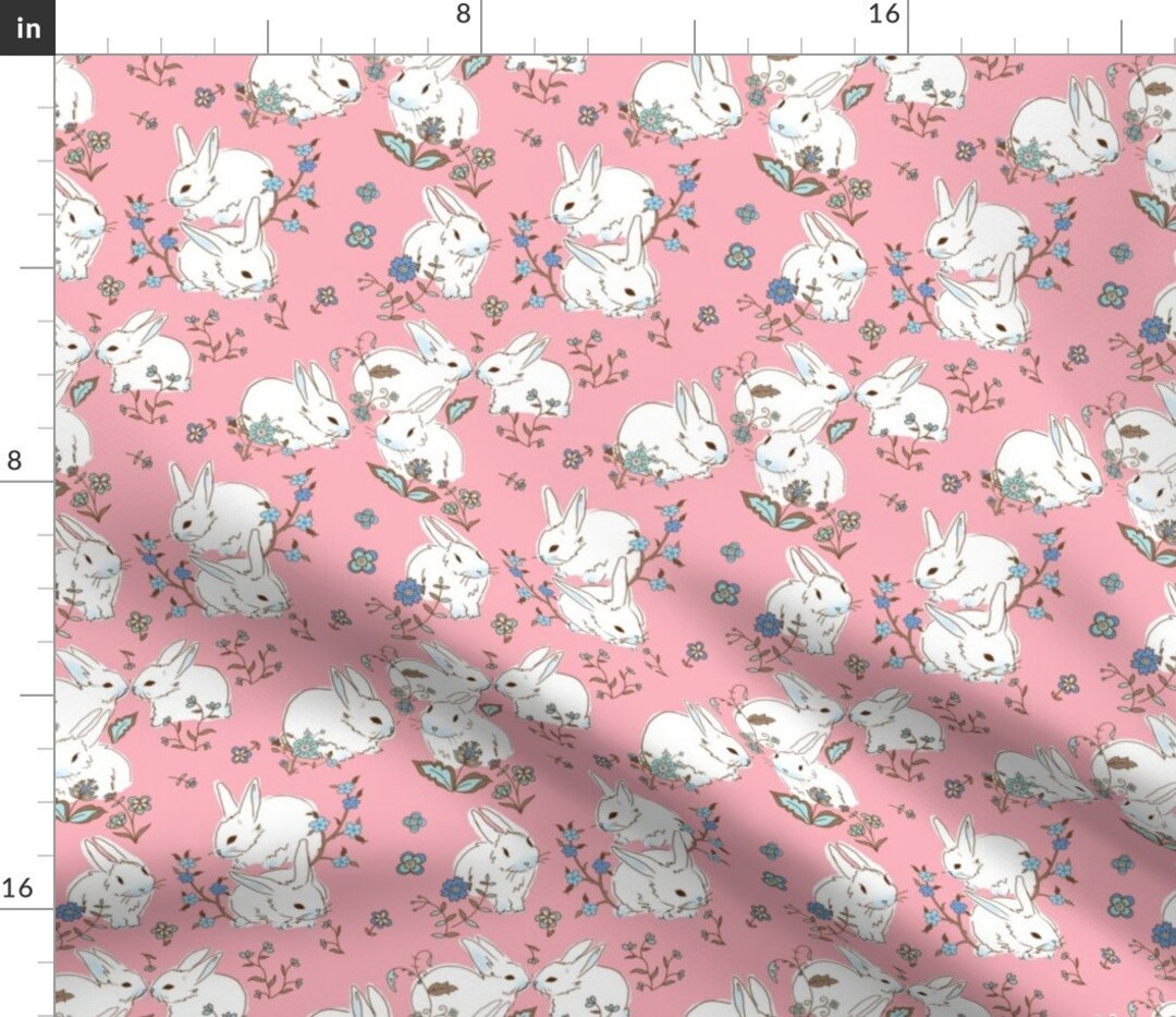Rabbit Fabric White Bunnies With Pink by Designed by Debby - Etsy