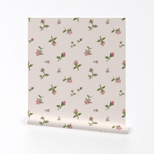 Rose Wallpaper - Scattered Vintage Rosebuds By Bravenewart - Cream Blush Tiny Flowers Removable Self Adhesive Wallpaper Roll by Spoonflower