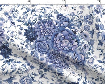 Japanese Floral Fabric - Blue And White Floral By Gabbymalpas - Vintage Chintz Garden Blue Cotton Fabric By The Yard With Spoonflower