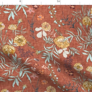 Terra Cotta Floral Fabric - Marigold Love Rust  by nouveau_bohemian - Boho Wildflowers Distressed Rustic Fabric by the Yard by Spoonflower