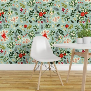 Vintage Wallpaper - Vintage Ditsy Mistletoe By Ginamayes - Vintage Aqua Custom Printed Removable Self Adhesive Wallpaper Roll by Spoonflower