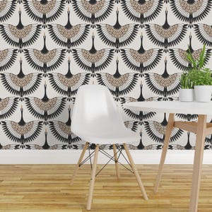 Flying Crane Peel and Stick Wallpaper - Geometric Neutral Elegant Cream Tan - Removable Wall Decor Art - Deco Cranes by garabateo