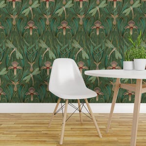 Jugendstil Tapete abziehen und aufkleben - Deko Smaragd Grün Natur Floral - Wieder entfernbare Wand Dekor Kunst - Libellen Auf Smaragd by taranealart