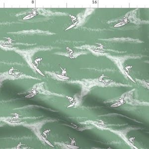 Surfing Fabric - Surfers On Sage By Landpenguin - Summer Ocean Waves Green Surfing Cotton Fabric By The Yard With Spoonflower