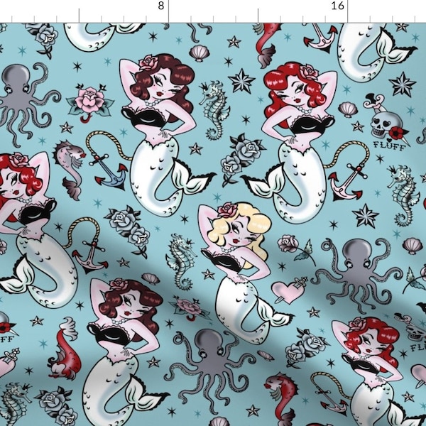 Vintage Mermaid Fabric - Molly Mermaid By Miss Fluff By Miss Fluff - Vintage Mermaid Beach Decor Cotton Fabric By The Yard With Spoonflower