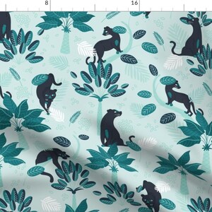 Panther Fabric - Tropical Panther - Mint And Black By Ewa Brzozowska - Panther Tropical Mint Cotton Fabric By The Yard With Spoonflower