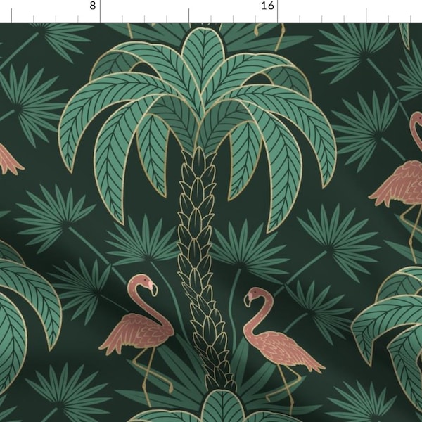 Deep Dark Jungle Fabric - Palm Trees Flamingos Art Deco Tropical Damask Large Scale By Hannahshields - Fabric by the Yard with Spoonflower