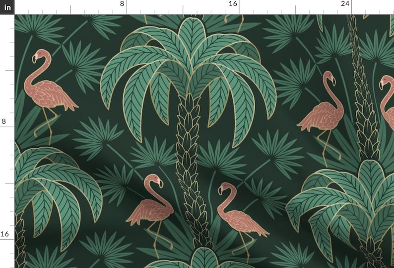 Deep Dark Jungle Fabric - Palm Trees Flamingos Art Deco Tropical Damask Large Scale By Hannahshields - Fabric by the Yard with Spoonflower