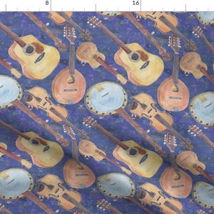 May include: A seamless pattern featuring a variety of musical instruments, including guitars, banjos, mandolins, and violins. The instruments are painted in watercolor on a blue background with white stars.