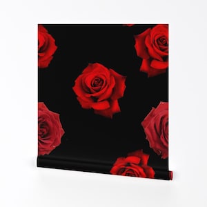 Roses Wallpaper - Scattered Red Roses On Black By Whimzwhirled - Romantic Floral Dark Removable Self Adhesive Wallpaper Roll by Spoonflower
