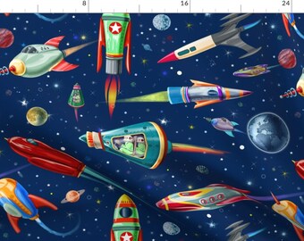 Space Fabric - Rockets Travellers By Chicca Besso - Planets Galaxy Rocket Ship Fantasy Cotton Fabric By The Yard With Spoonflower