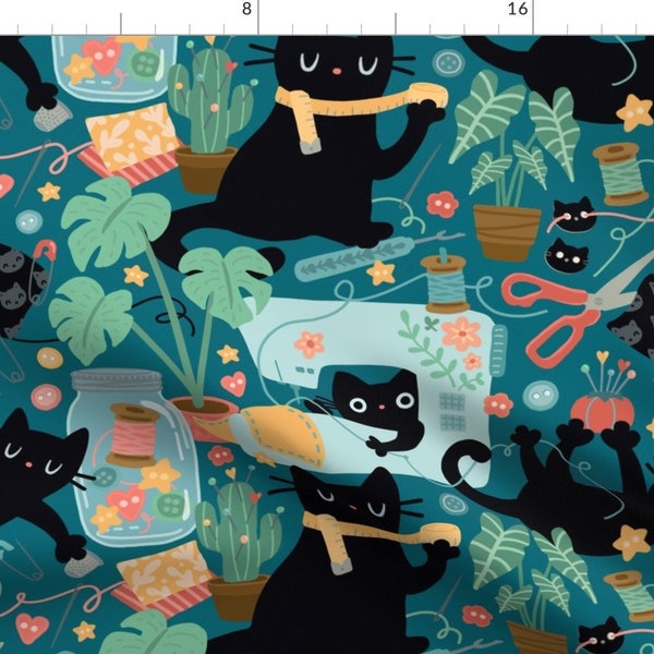 Cat Fabric - Sewing With Cats by bamokreativ -  Sewing Machine Crafting Sewing Supplies Flowers Stars Fabric by the Yard by Spoonflower