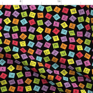 May include: A black background with a repeating pattern of colourful squares. Each square contains the symbol and name of a chemical element, such as 'He' for Helium, 'Au' for Gold, and 'Zn' for Zinc.