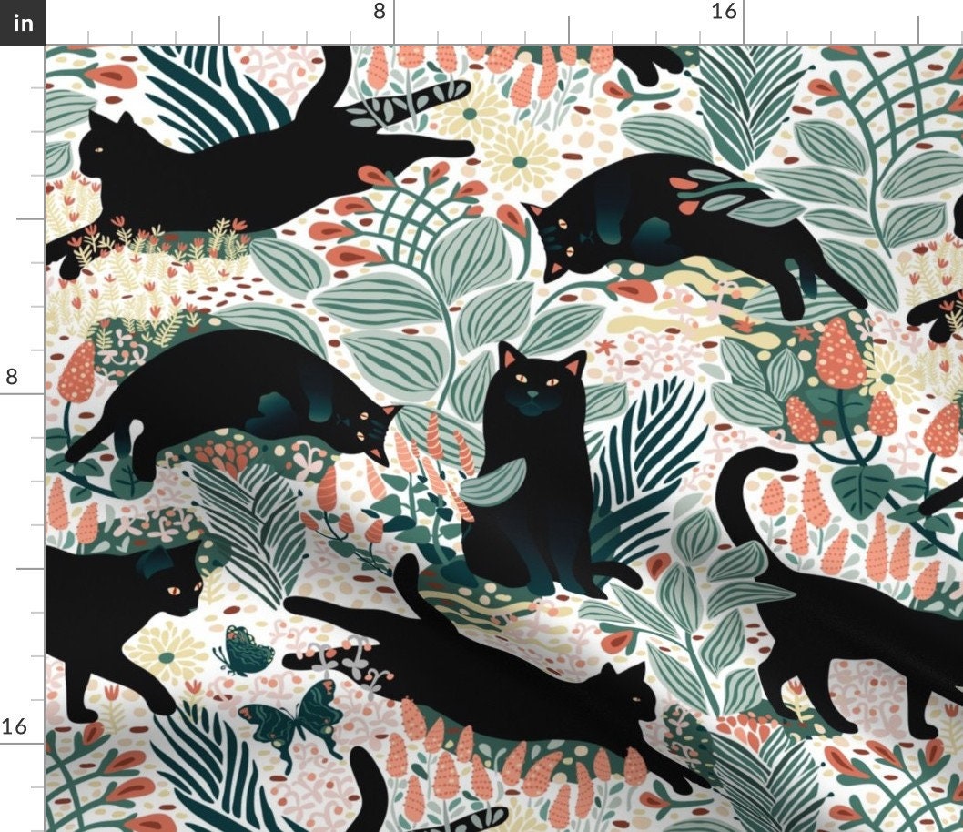 Small black cat print fabric Cute tiny cats Halloween theme fabric Cat lovers material