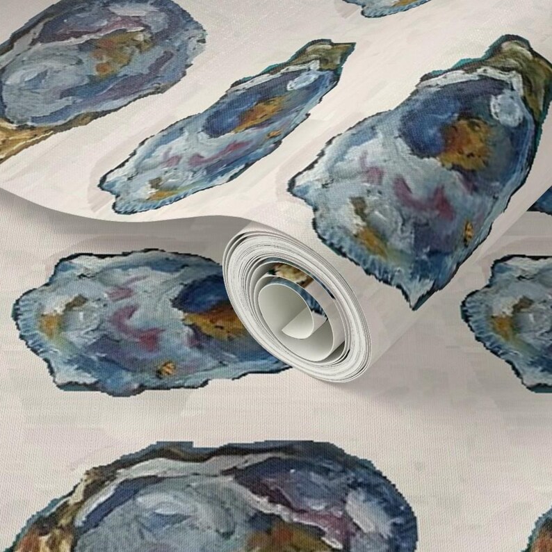 Coastal Wallpaper- Oysters In A Row - 6.35 Inches By Cityette - Beige Blue New England Removable Self Adhesive Wallpaper Roll by Spoonflower image 3