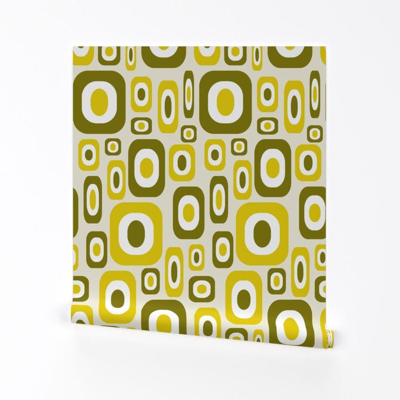 Mid Century Modern Wallpaper - Olive Mod By Jjtrends - Olive Yellow Custom Printed Removable Self Adhesive Wallpaper Roll by Spoonflower image 2