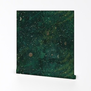 Celestial Sky Removable Peel and Stick Wallpaper - Emerald Green Night Sky - Wall Art Wall Decor - Dark Green Galaxy by rebecca_reck_art