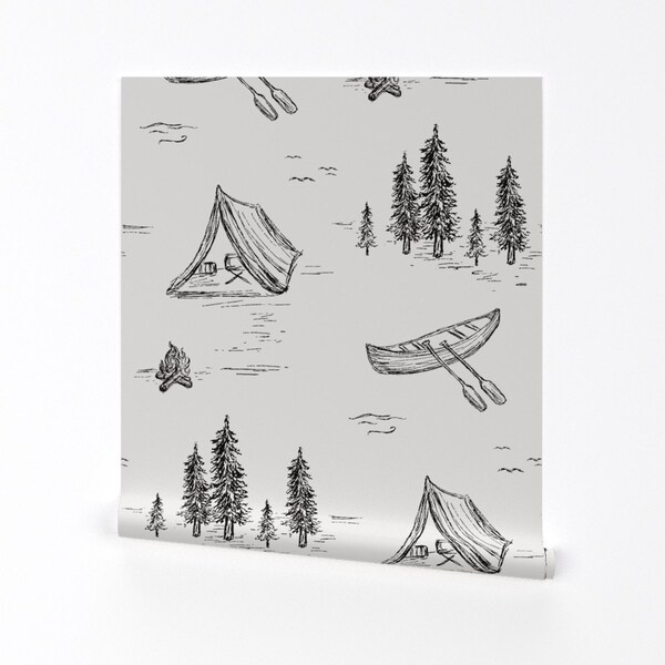 Papier peint en toile Lake - Lake Life en noir et blanc par Roselindo - Rouleau de papier peint auto-adhésif amovible Forest Cabin Lodge Home par Spoonflower