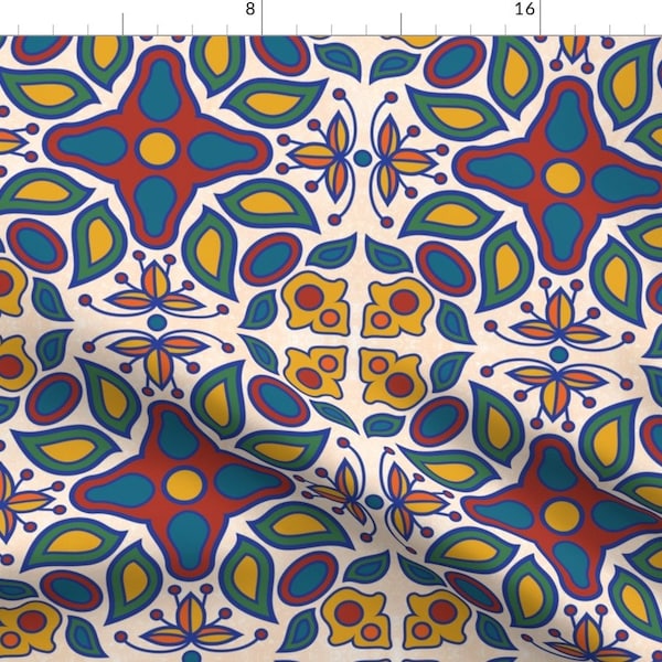 Mexican Tile Fabric - Mayolica Tile By Wellfleetdesigns - Mexican Tile Geometric Red Yellow Blue Cotton Fabric By The Yard With Spoonflower