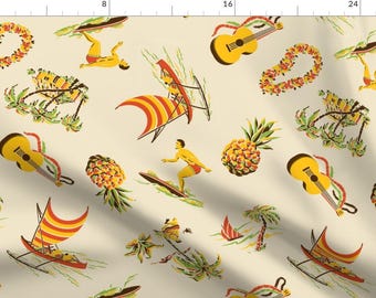 Hawaiian Beach Culture Fabric - Hawaiiana 1a By Muhlenkott - Surfer Cotton Fabric By The Yard With Spoonflower