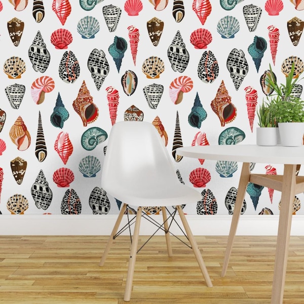 Papel de Parede Conchas - Branco Náutico Oceano Verão por Andrea Lauren - Rolo de Papel de Parede Autoadesivo Removível com Impressão Personalizada da Spoonflower