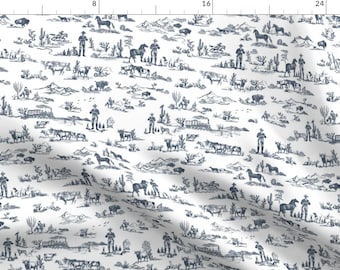 Classic Fabric - Cowboy Toile De Jouy by hughes_studio - Vintage Blue Hand Drawn Western Americana Desert Fabric by the Yard by Spoonflower