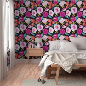 Large Scale Floral Fabric - Poppy Bloom Black By Indybloomdesign - Bright Pink Floral Removable Self Adhesive Wallpaper Roll by Spoonflower image 5