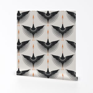 Art Deco Removable Peel and Stick Wallpaper - Geometric Black On Cream - Wall Art Wall Decor - Geometric Art Deco Cranes by priraj_designs