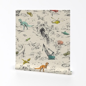 Hand Drawn Toile Removable Peel and Stick Wallpaper - Wallpaper Dinosaur Cars - Wall Art Wall Decor - Adventure Toile_retro by pattern_state