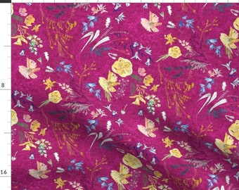 Magenta Fabric - Let's Go Pick Wildflowers (Magenta) By Nouveau Bohemian - Magenta Florals Yellow Cotton Fabric By The Yard With Spoonflower