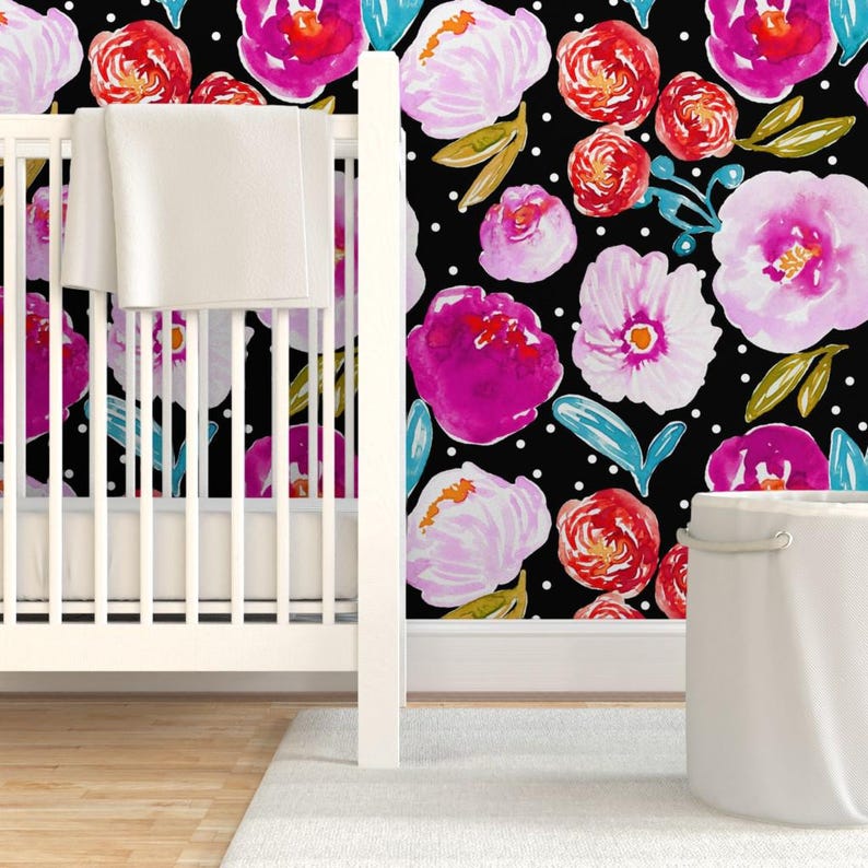 Large Scale Floral Fabric - Poppy Bloom Black By Indybloomdesign - Bright Pink Floral Removable Self Adhesive Wallpaper Roll by Spoonflower image 6