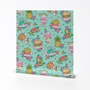 Food Tattoo Wallpaper - Food Tattoos On Mint Green By Caja Design - Custom Printed Removable Self Adhesive Wallpaper Roll by Spoonflower