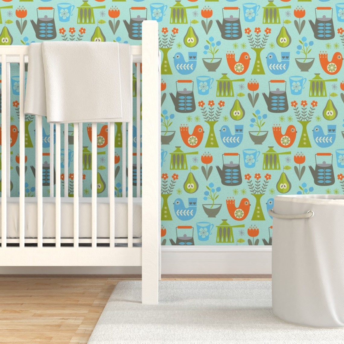 Kitchen Wallpaper Cooking on Blue by Studiojenny Mid Mod | Etsy