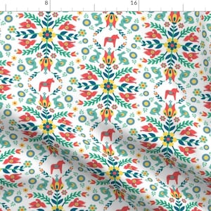 Swedish Fabric - Swedish Folklore by runningriverdesign - Folklore Folk Art Dala Horse Swedish Folk Art Fabric by the Yard by Spoonflower
