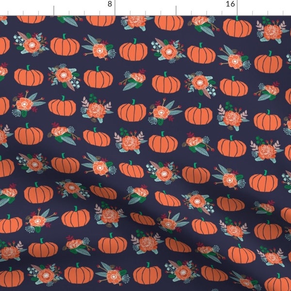 Pumpkin Fabric - Pumpkin Florals Fabric Fall Autumn Pumpkin Spice Vibes Navy By Charlottewinter - Cotton Fabric by the Yard with Spoonflower